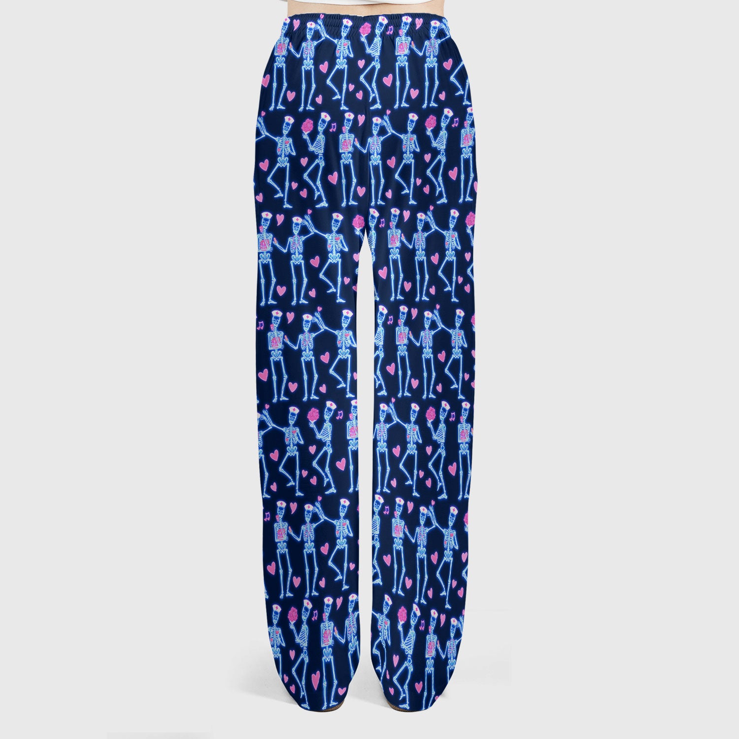 Skeleton Nurse Heart Pattern Scrub Sets, Playful Nurse Style, Scrub Pants and V Neck Top