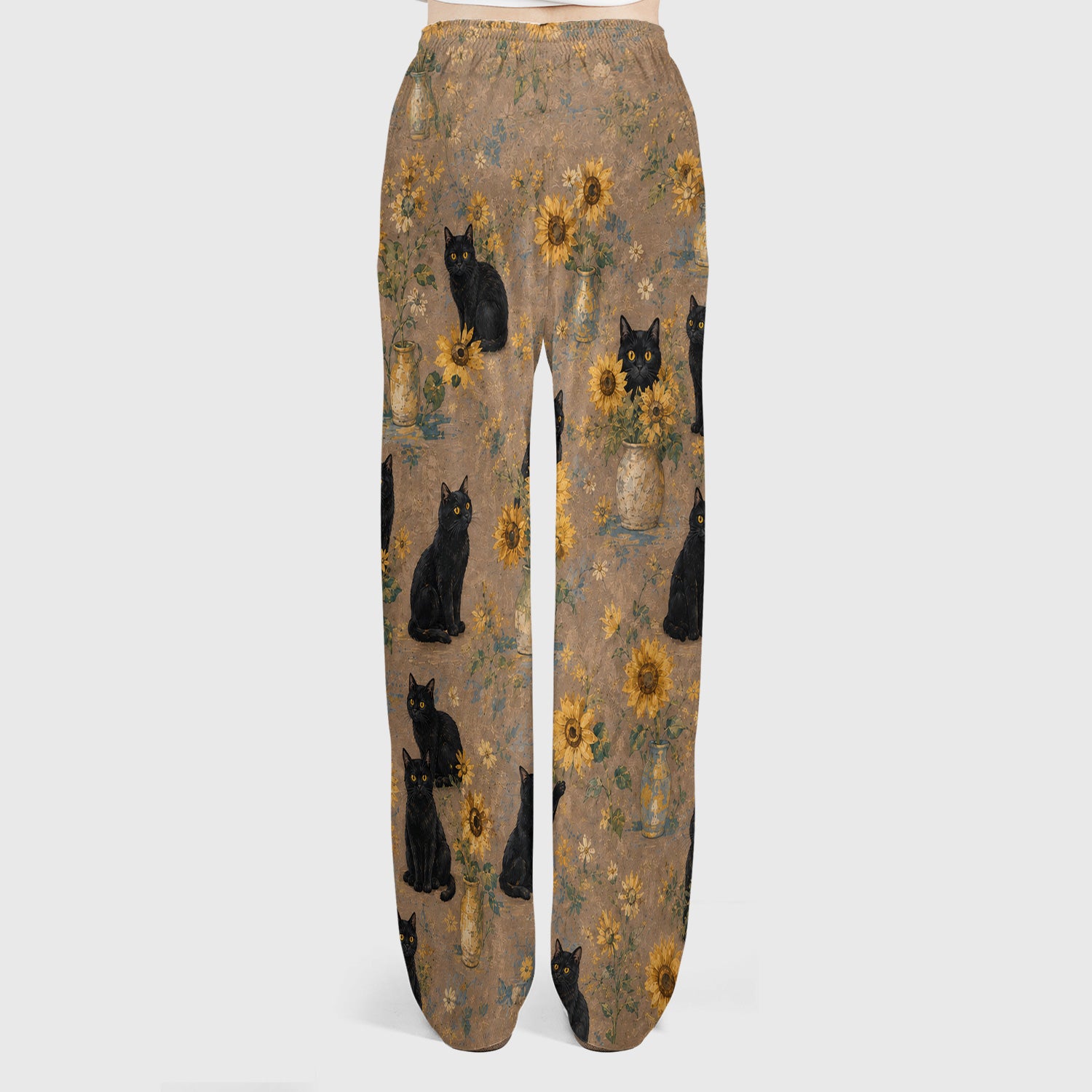 Rustic Sunflower Black Cat Print Scrub Set, Scrub Pants and V Neck Top