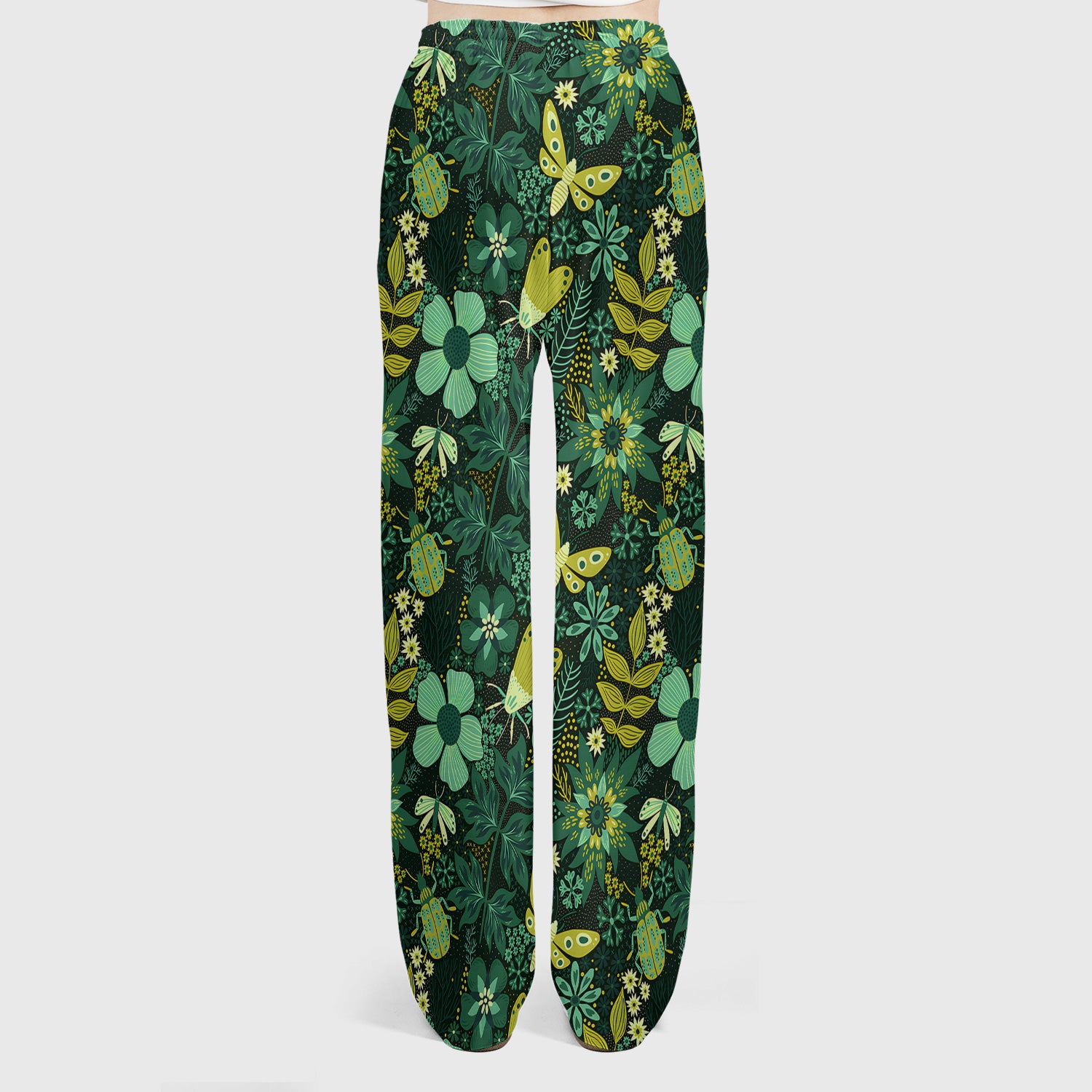 Green Botanical Butterfly Pattern Scrub Set, Scrub Pants and V Neck Top