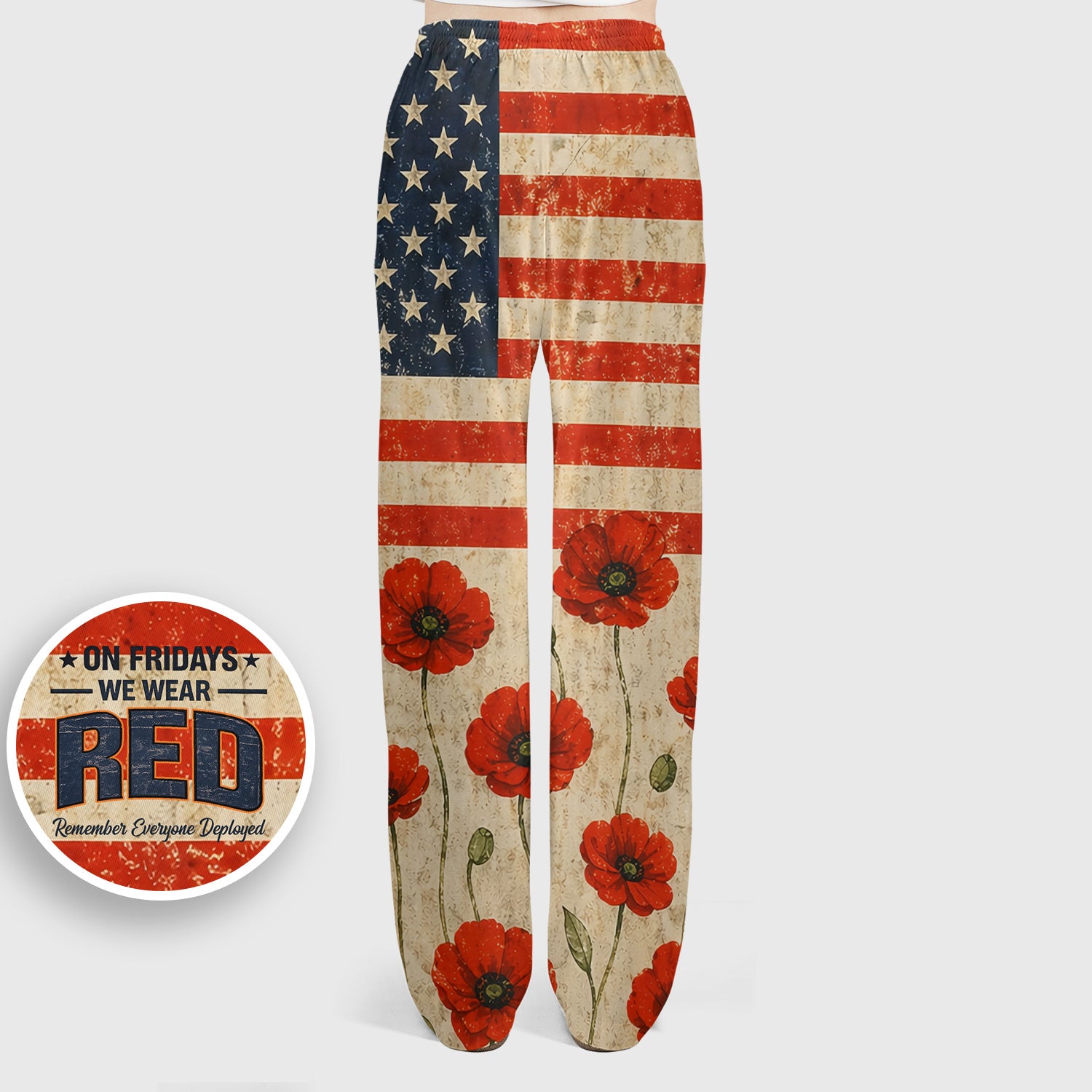 Patriotic American Flag Poppy Flower Pattern Scrub Set, Scrub Pants and V Neck Top