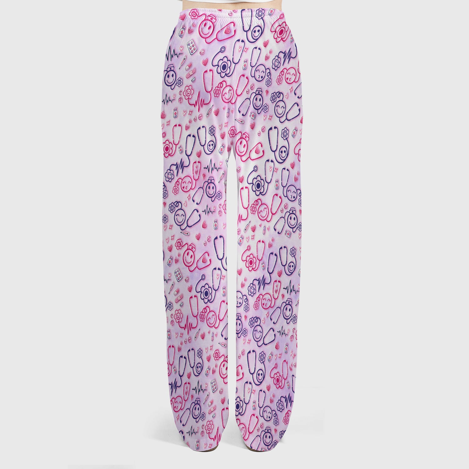 Stethoscope Heart Cute Icon Print Scrub Set, Breathable Med Uniform