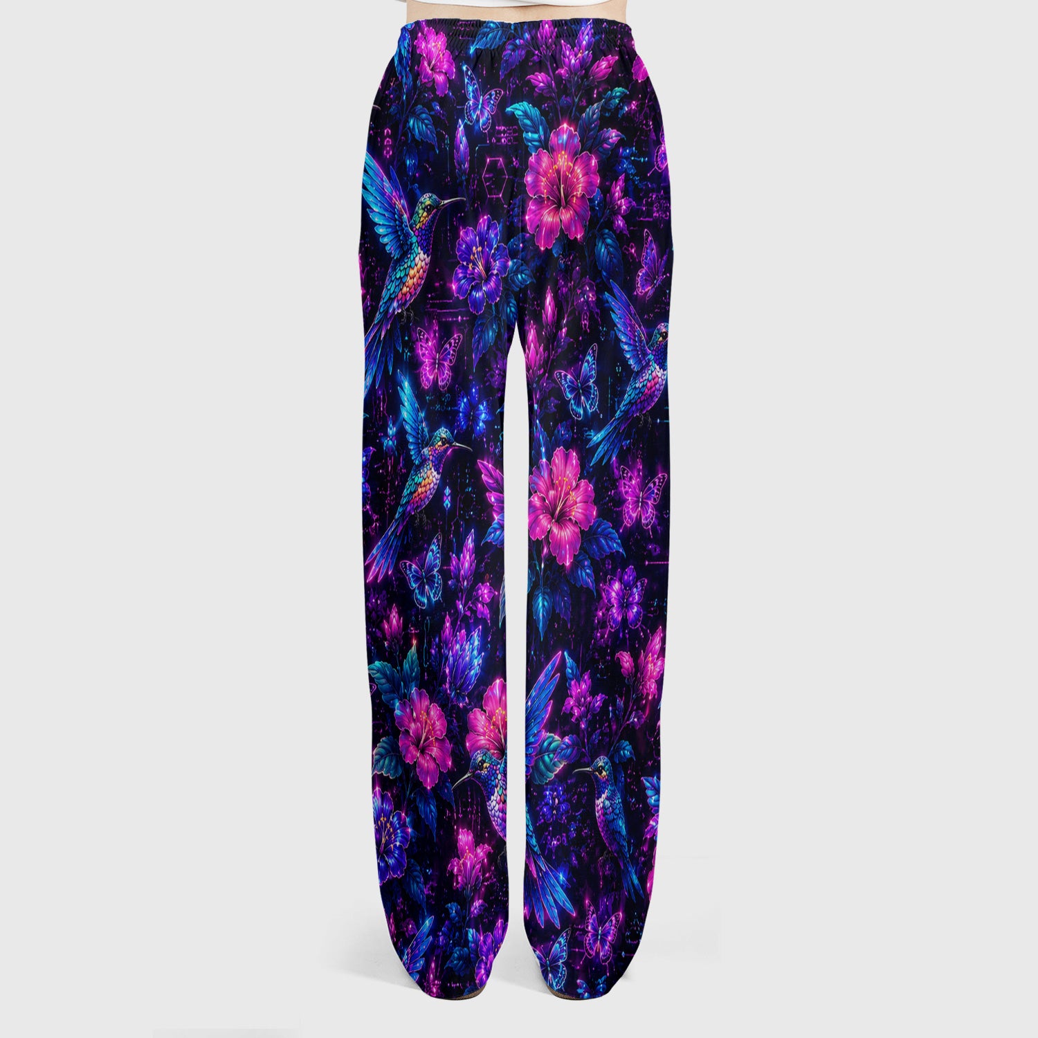 Neon Hummingbird Butterfly Bloom Pattern Scrub Set, Scrub Pants and V Neck Top