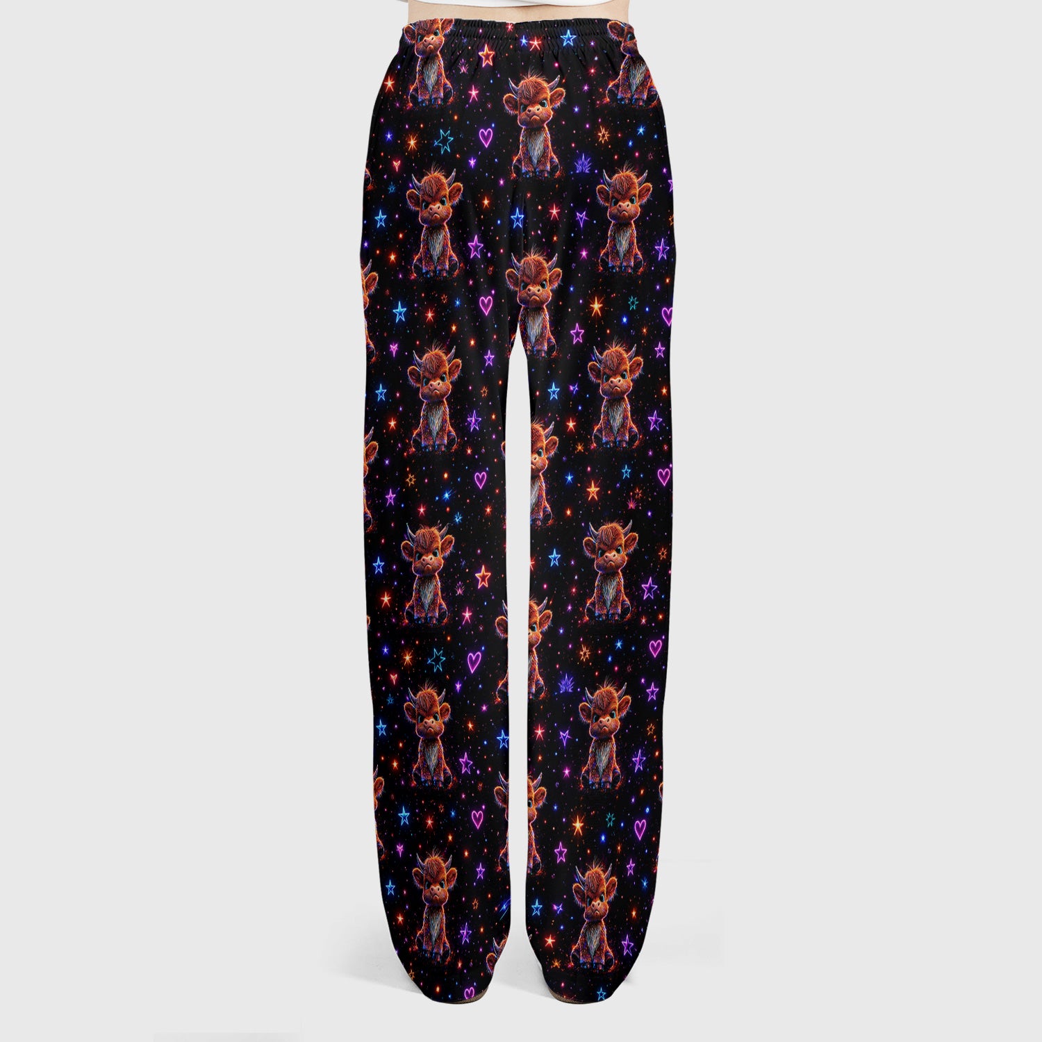 Neon Highland Cow Stars Pattern Scrub Set, Scrub Pants and V Neck Top