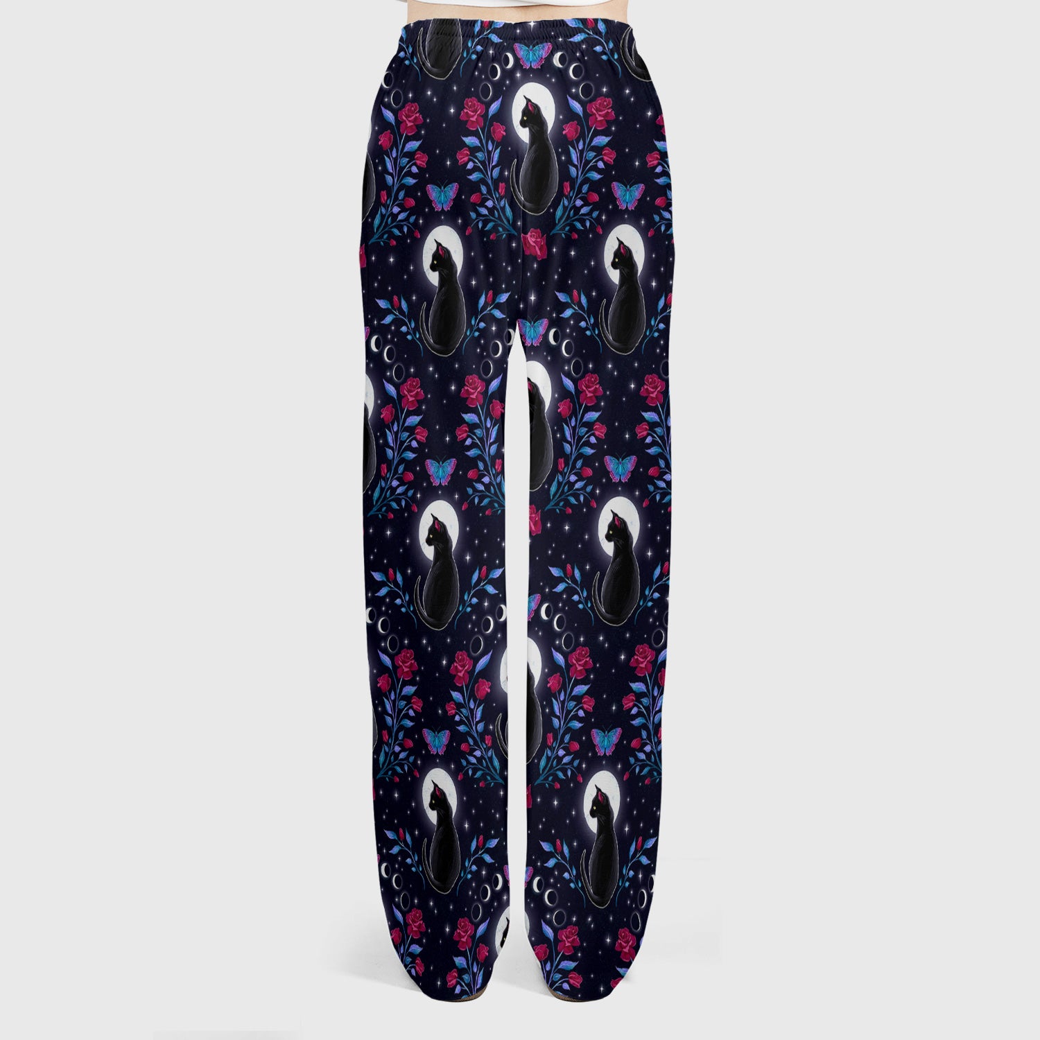 Black Cat Moon Rose Print Scrub Set, Scrub Pants and V Neck Top