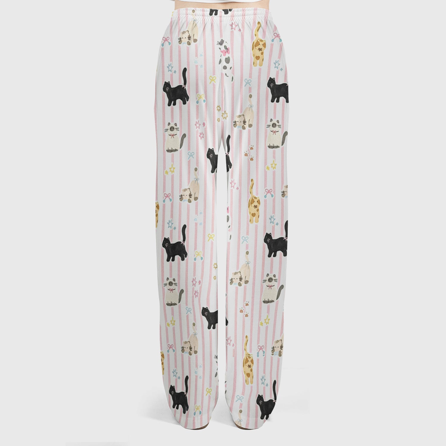 Cute Playful Cat Stripe Ribbon Pattern Scrub Set, Scrub Pants and V Neck Top