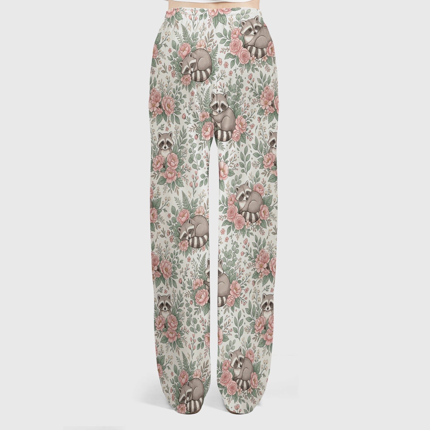 Sleeping Raccoon Rose Garden Pattern Scrub Set, Scrub Pants and V Neck Top
