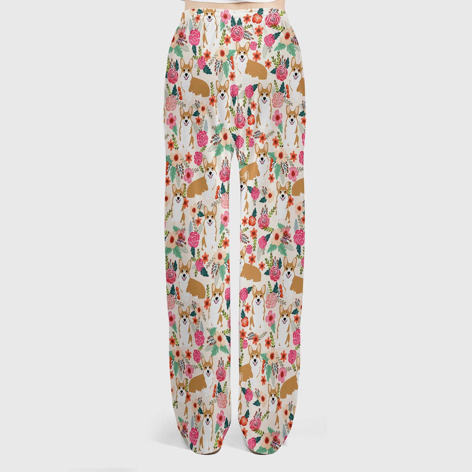 Cute Corgi Dog Floral Garden Pattern Nurse Scrub Set, Scrub Pants and V Neck Top