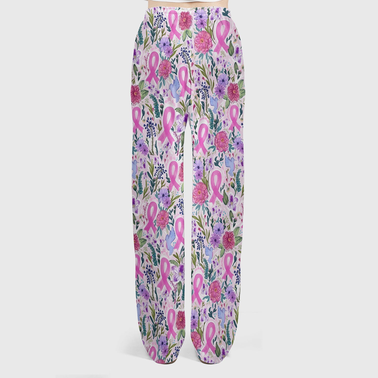 Floral Pink Ribbon Print Scrub Set, Scrub Pants and V Neck Top