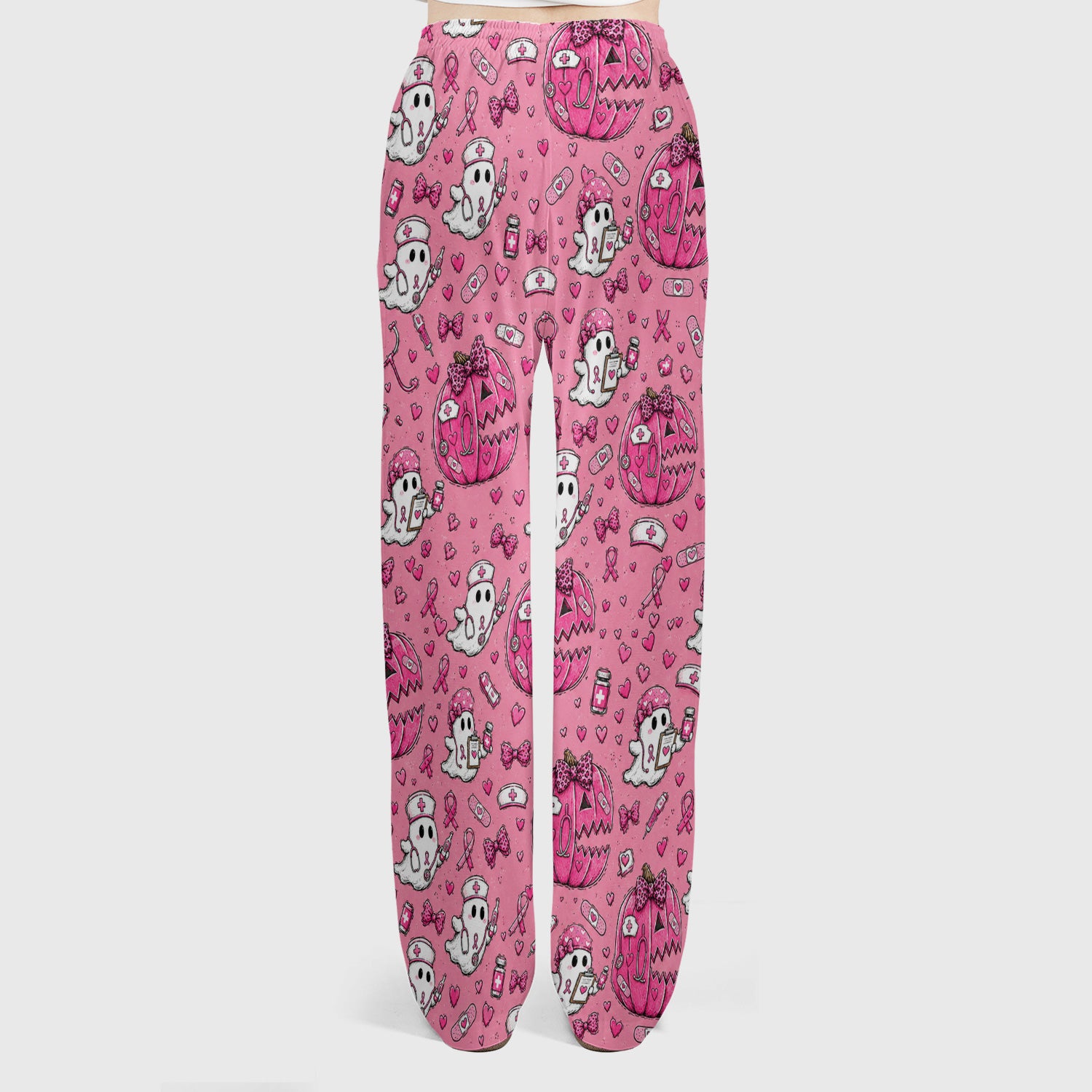 Pink Ribbon Ghost Pattern Scrub Set, Scrub Pants and V Neck Top