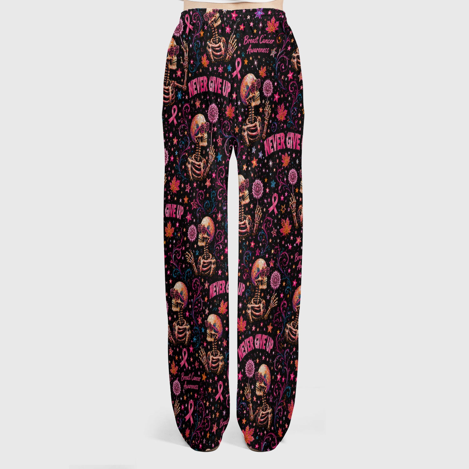 Breast Cancer Awareness Skeletons Pattern Scrub Set, Scrub Pants and V Neck Top