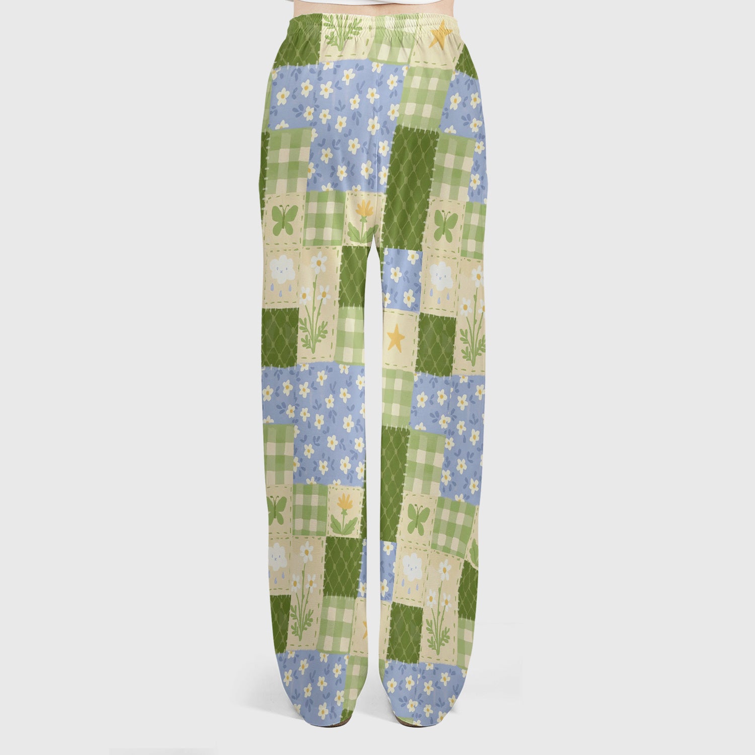 Green Patchwork Clover Floral Pattern Scrub Set, Scrub Pants and V Neck Top