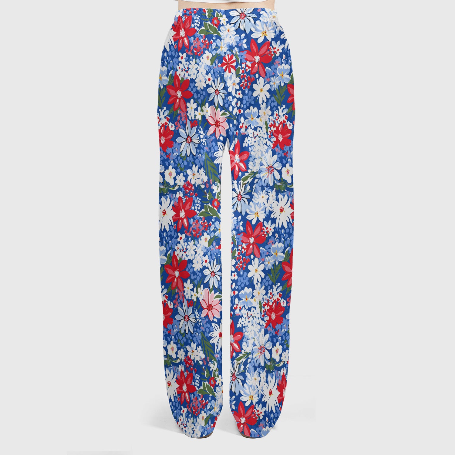 Patriotic Red White Blue Floral Garden Print Scrub Set, Scrub Pants and V Neck Top