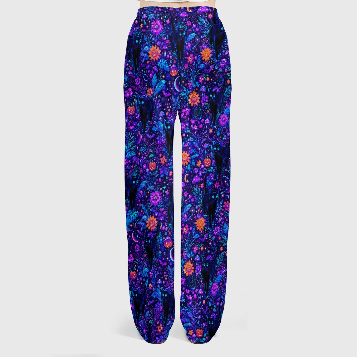 Halloween Black Cat Floral Print Scrub Set, Scrub Pants and V Neck Top