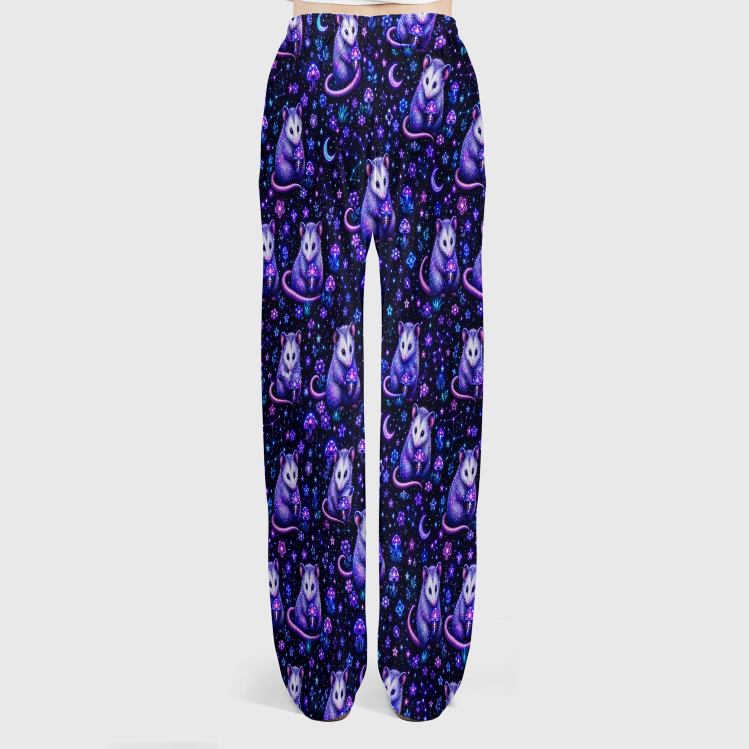 Neon Opossum Mushroom Galaxy Pattern Scrub Set, Scrub Pants and V Neck Top