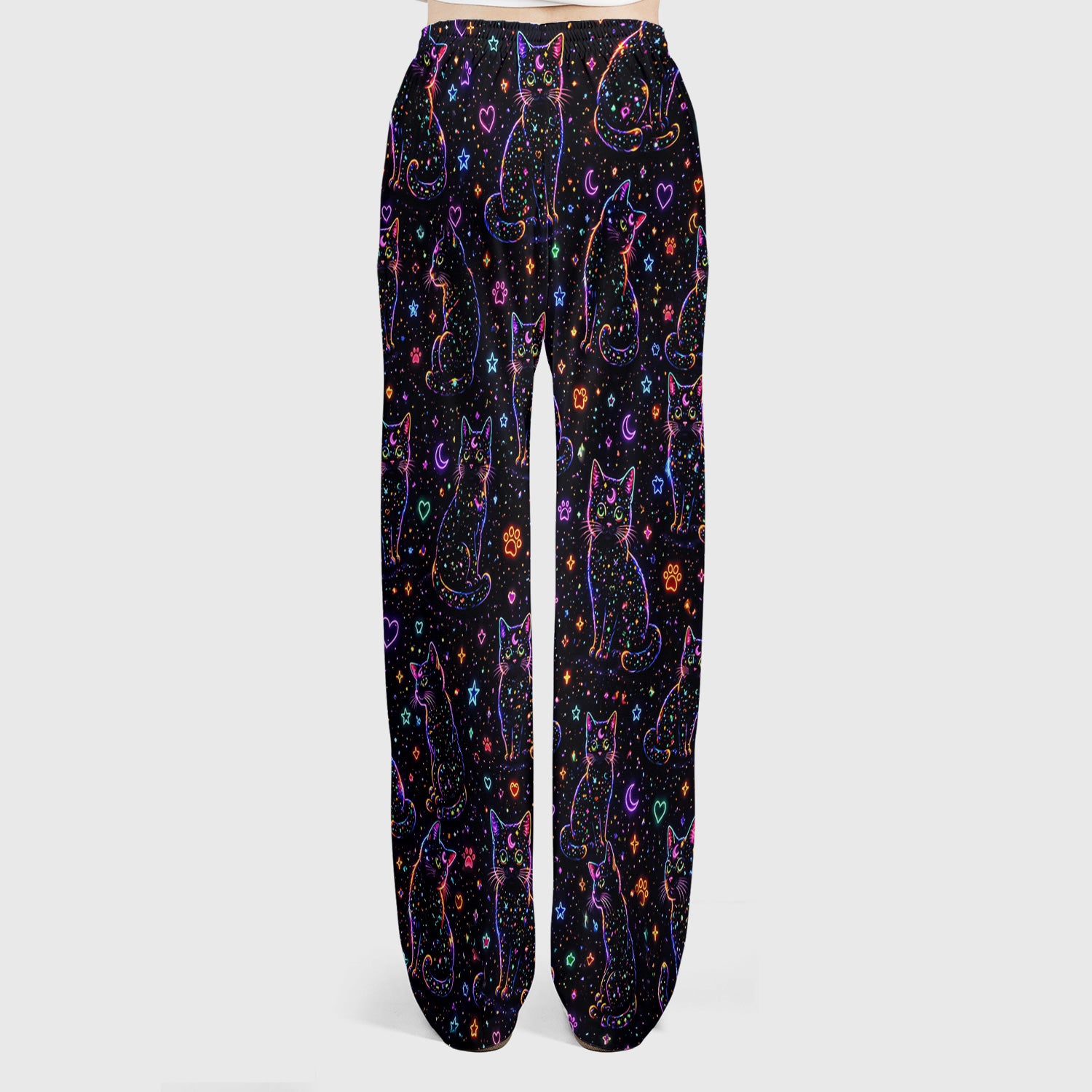 Mystical Cosmic Moon Cat Pattern Scrub Set, Scrub Pants and V Neck Top
