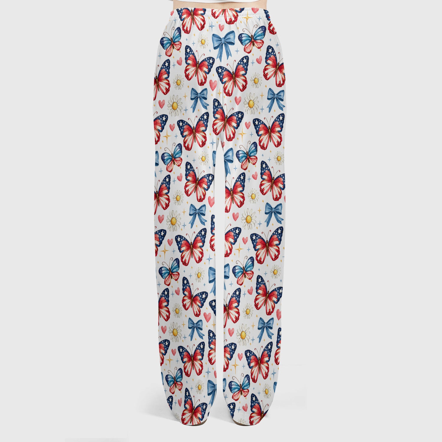 Patriotic Butterfly Bow Daisy Pattern Scrub Set, Scrub Pants and V Neck Top