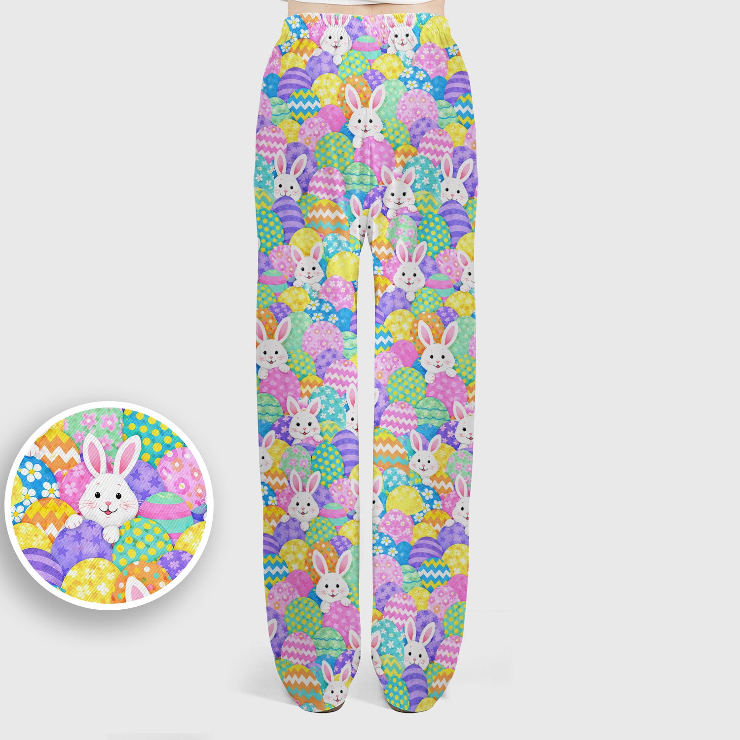 Easter Bunny Colorful Egg Pattern Print Scrub Set, Scrub Pants and V Neck Top