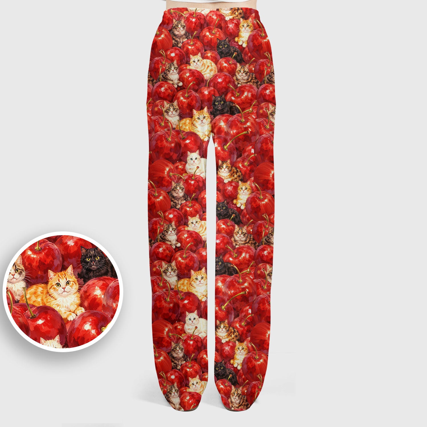 Cute Cat Cherry Pattern Scrub Set,  Scrub Pants and V Neck Top