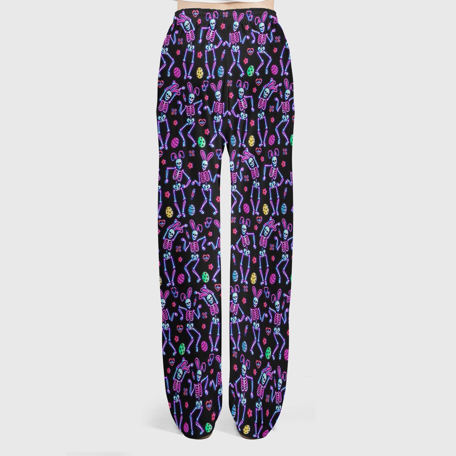 Neon Easter Skeleton Print Scrub Set, Scrub Pants and V Neck Top