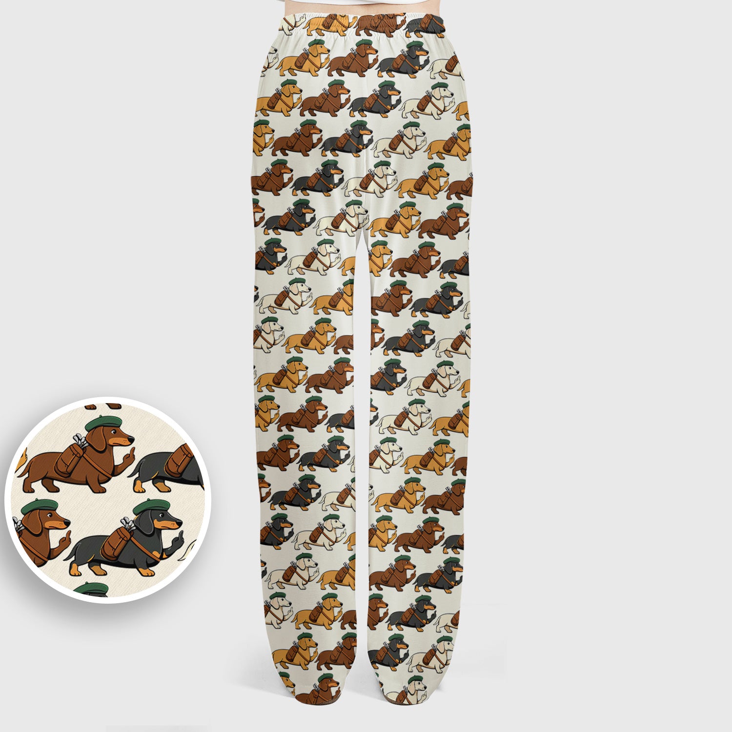 Cartoon Dachshund Dog Wearing Hat And Backpack Pattern Scrub Set, Scrub Pants and V Neck Top