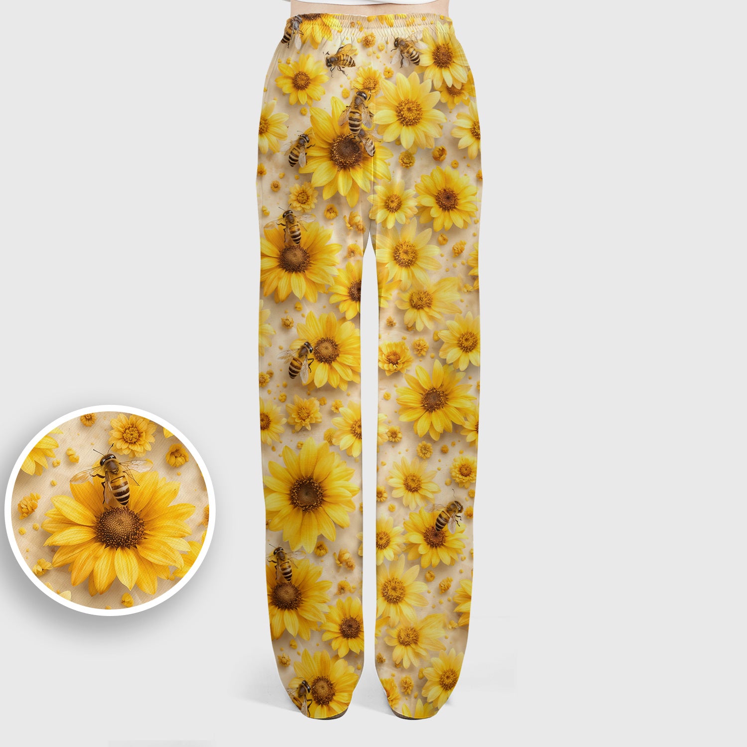 Yellow Sunflower Bee Garden Bloom Pattern Scrub Set, Scrub Pants and V Neck Top