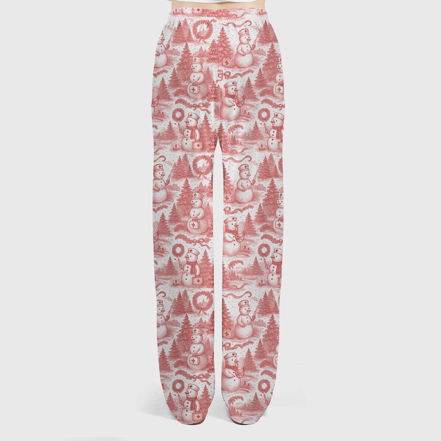 Toile de Jouy Christmas Scrubs Set – Elegant Snowman and Nurse Pattern – Classic Holiday Scrub Top and Pants for Women
