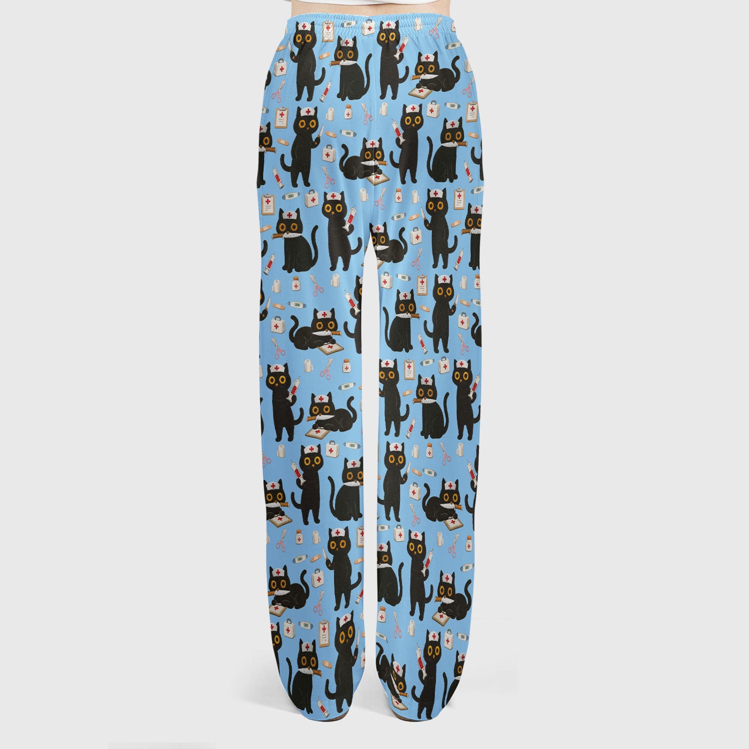 Cute Black Cat Nurse Pattern Women's Scrub Set, Breathable Med Uniform