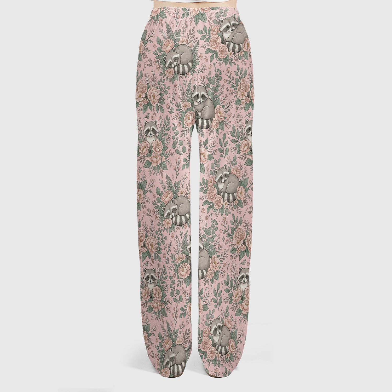 Sleeping Raccoon Rose Garden Pattern Scrub Set, Scrub Pants and V Neck Top