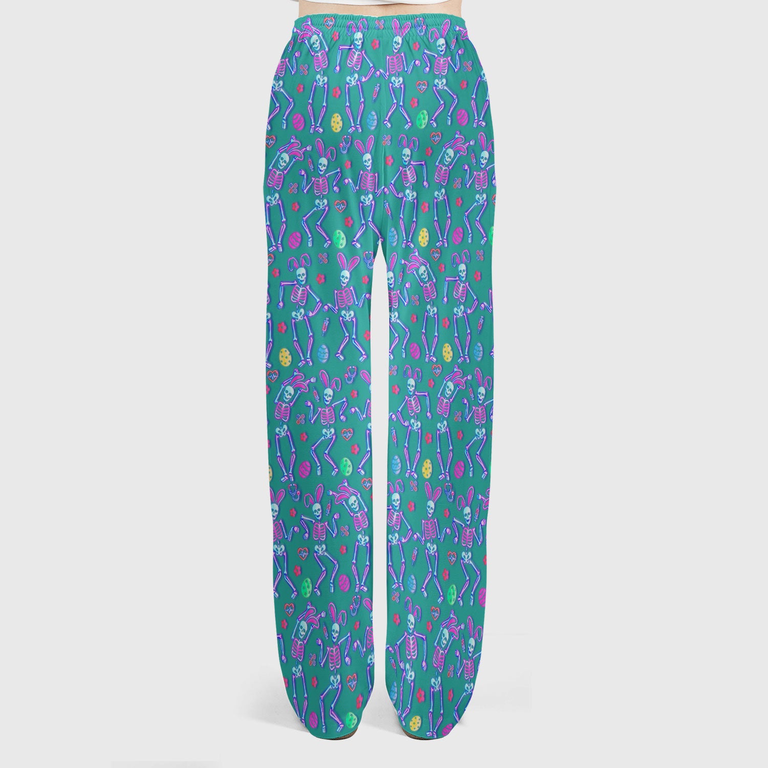 Neon Easter Skeleton Print Scrub Set, Scrub Pants and V Neck Top