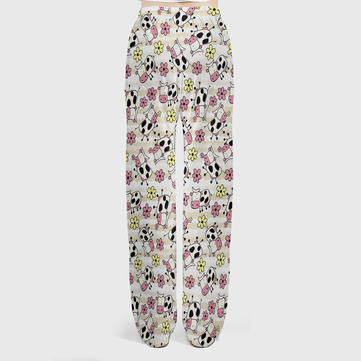 Cute Cartoon Cow Flower Meadow Pattern Nurse Scrub Set, Scrub Pants and V Neck Top