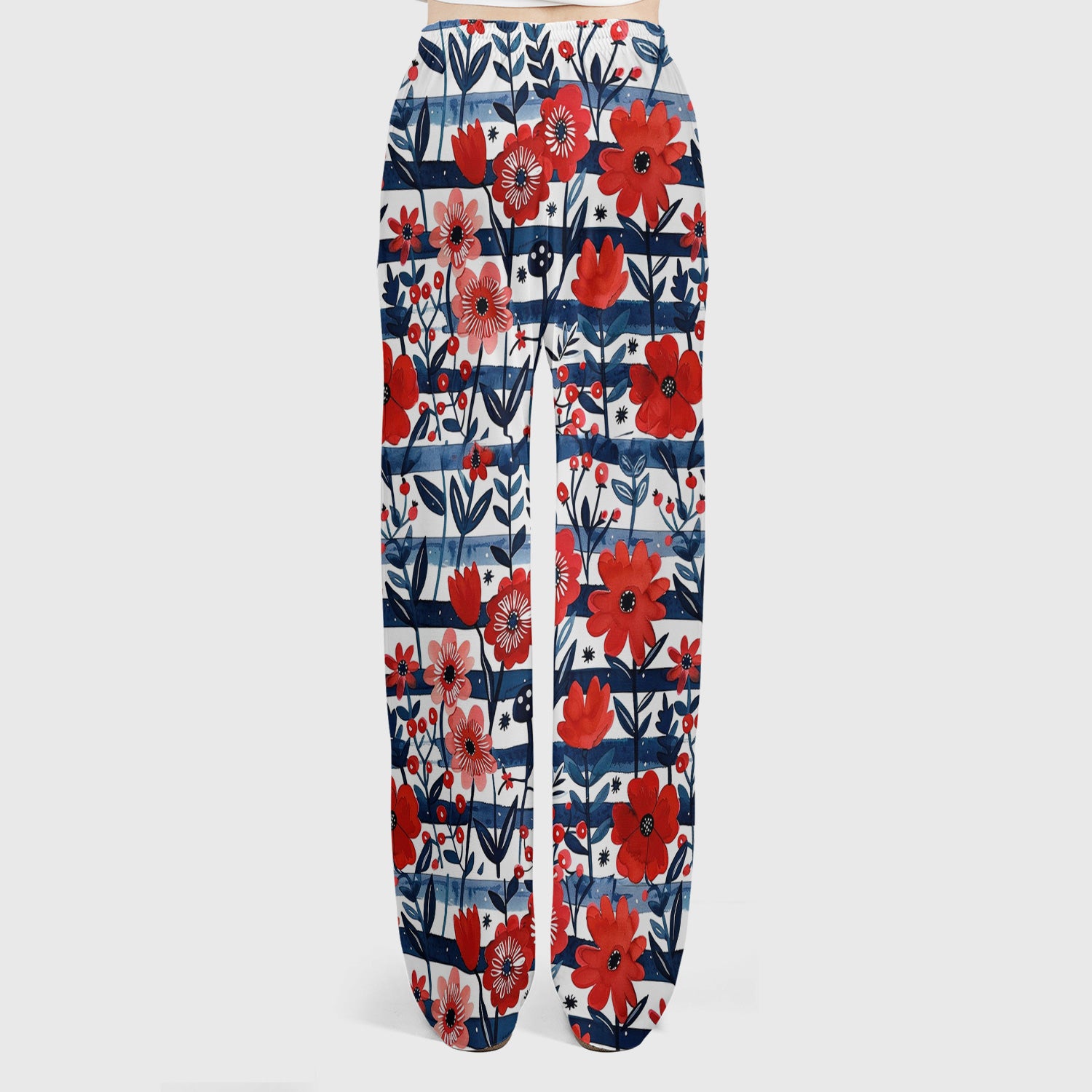 Red Poppy Navy Stripe Pattern Scrub Set, Scrub Pants and V Neck Top