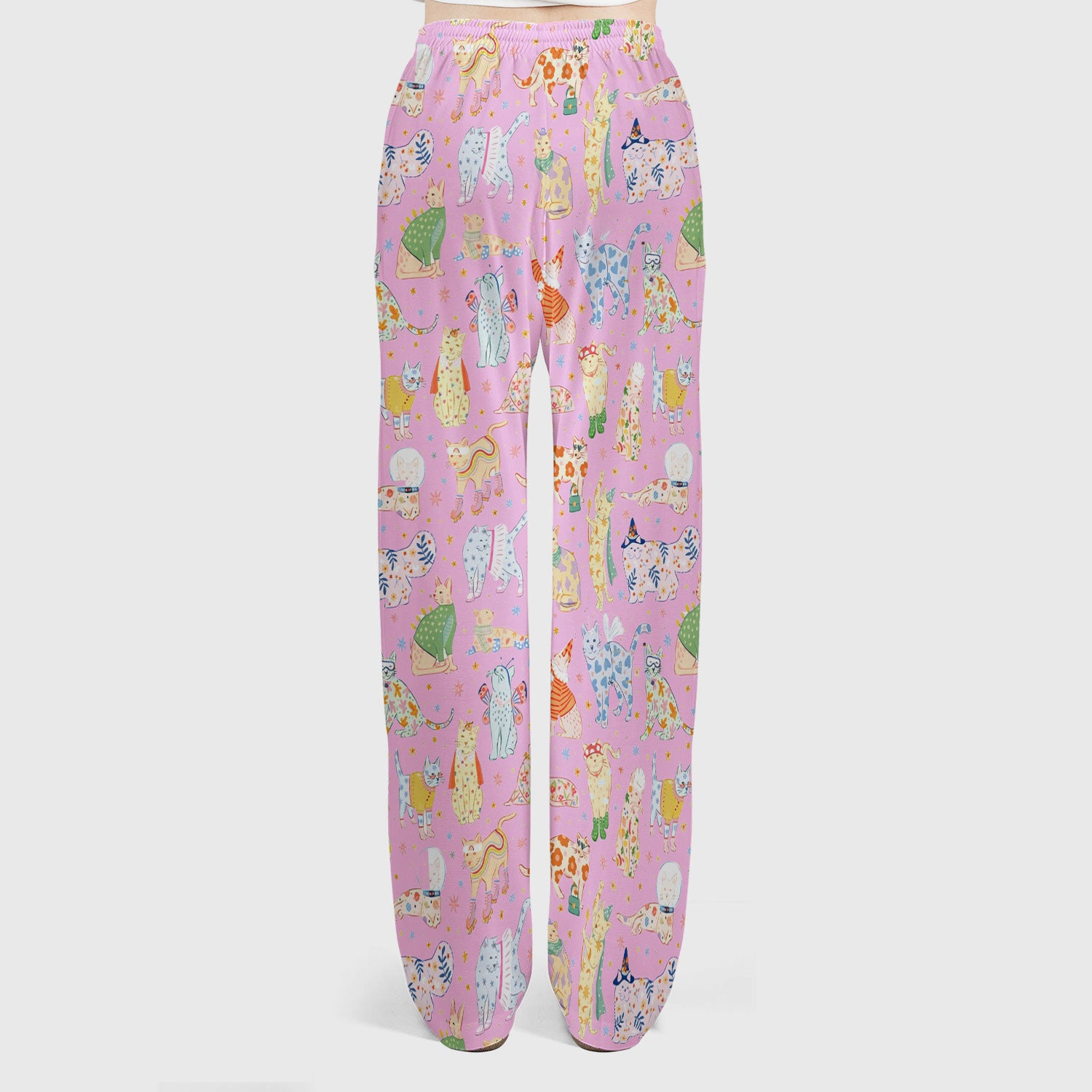 Colorful Pastel Cartoon Cats Print Scrub Set, Breathable Med Uniform