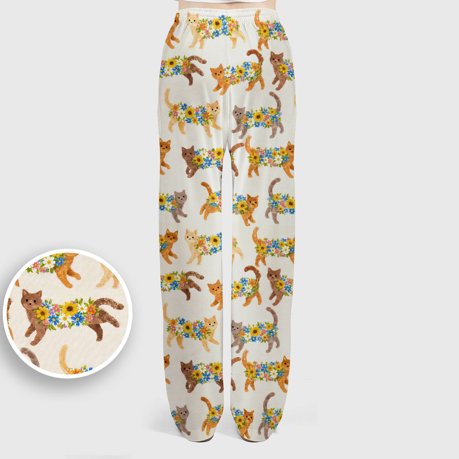 Cute Flower Filled Cat Pattern Scrub Set, Scrub Pants and V Neck Top