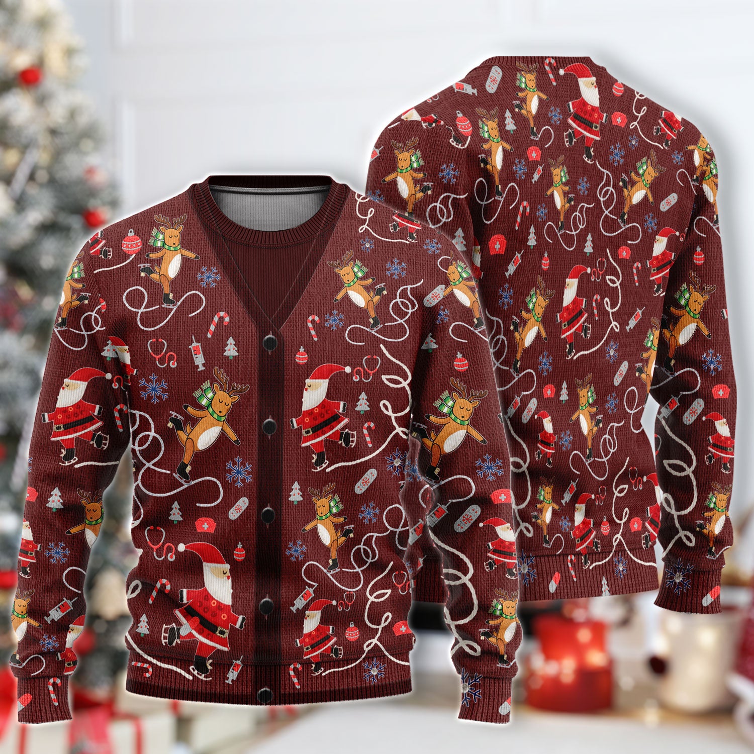 Christmas Reindeer Santa Nurse Ugly Sweater, Cute Holiday Medical Uniform Sweater for Women