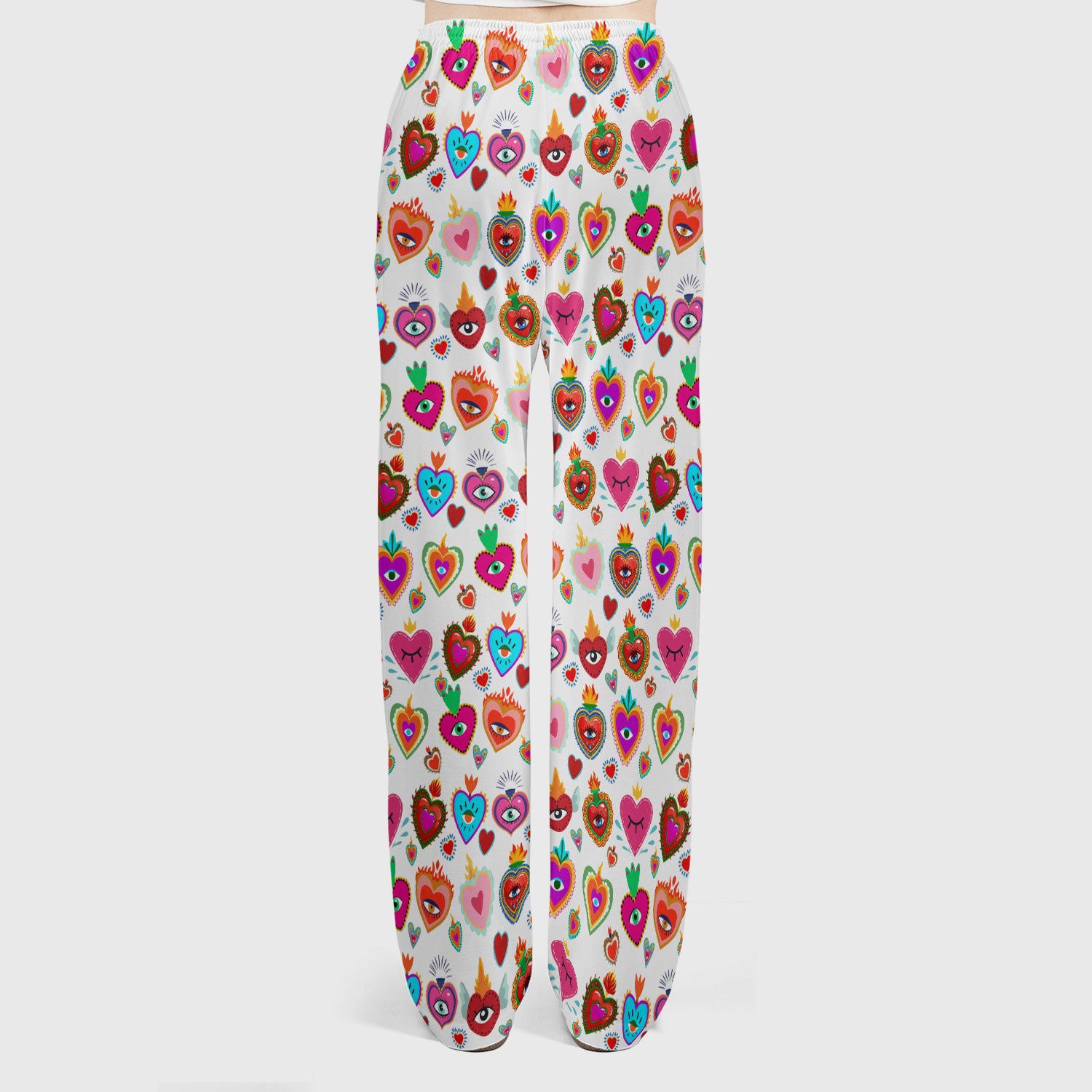 Valentine Colorful Sacred Heart Print Women's Scrub Set, Scrub Pants and V Neck Top
