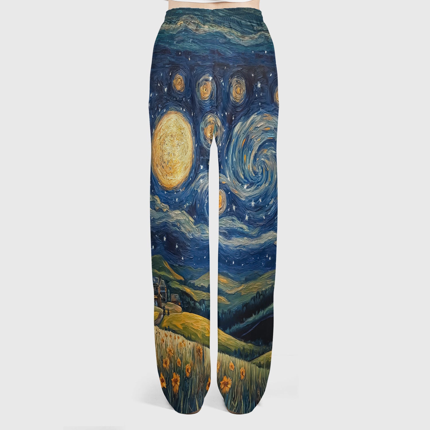 Artistic Highland Cow Starry Night Scene Pattern Scrub Set, Scrub Pants and V Neck Top
