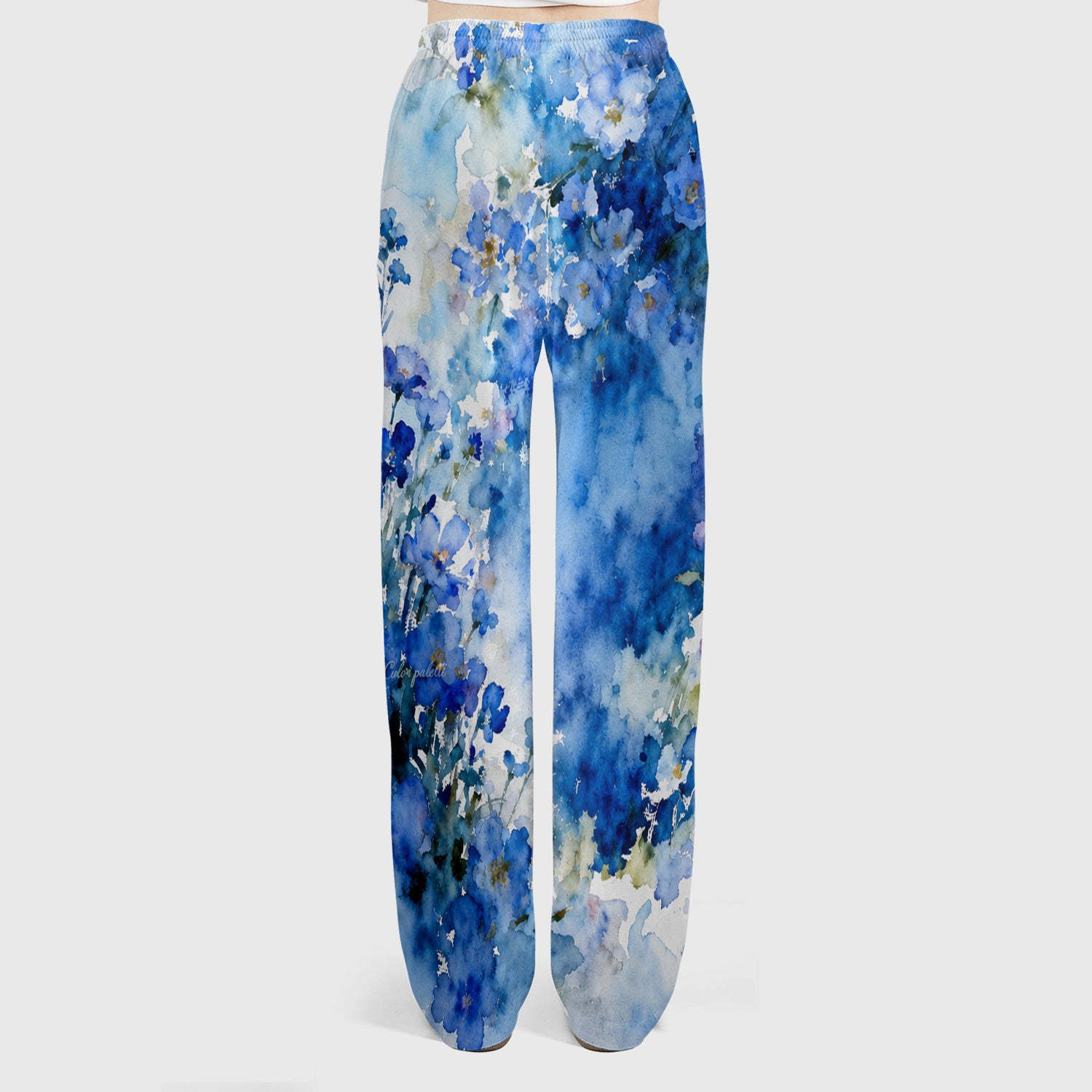 Adorable Blue Floral White Cat Pattern Scrub Set, Scrub Pants and V Neck Top