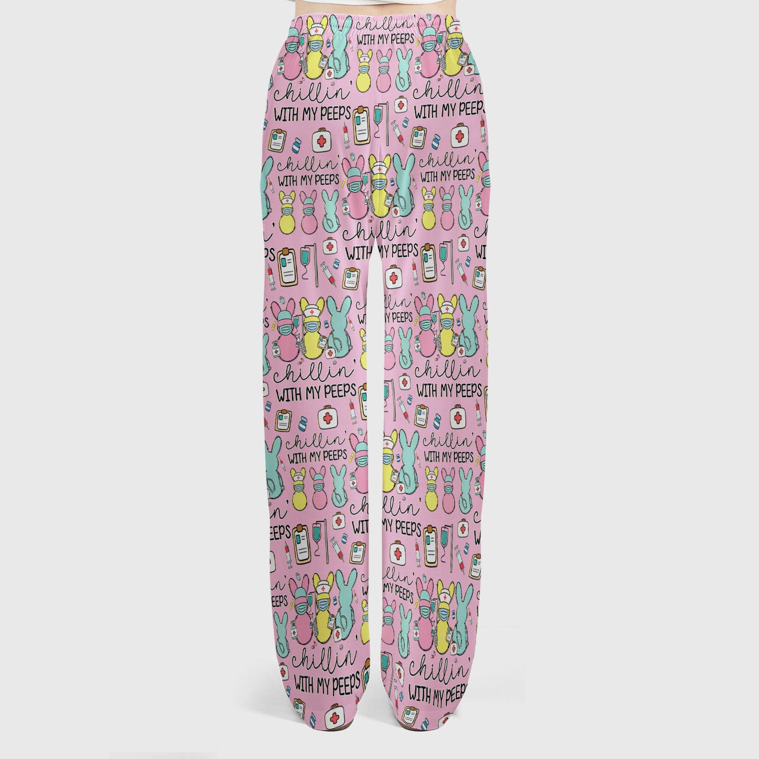 Cute Bunny Nurse Chillin With My Peeps Scrub, Women's Scrub Sets