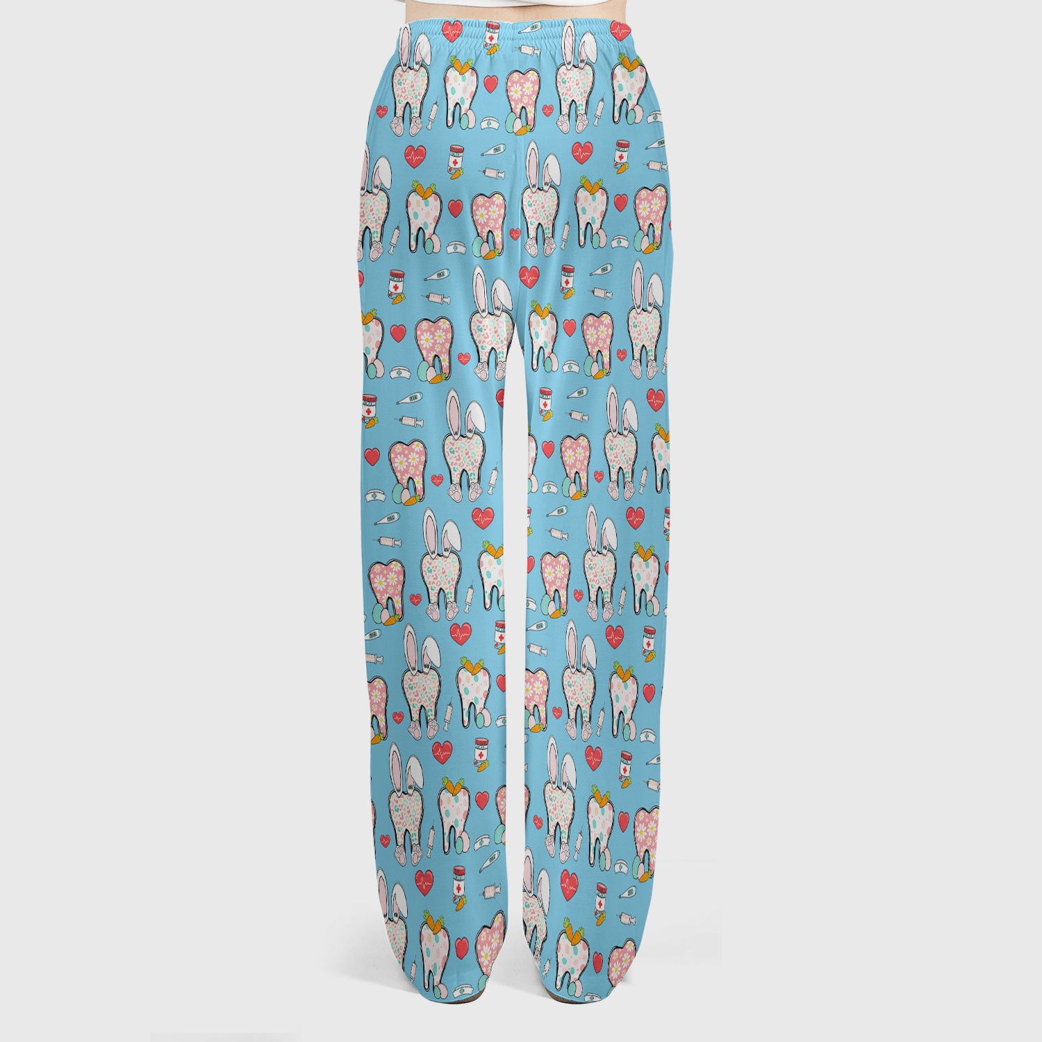 Playful Bunny Dentist Illustration Medical Set, Scrub Pants and V Neck Top