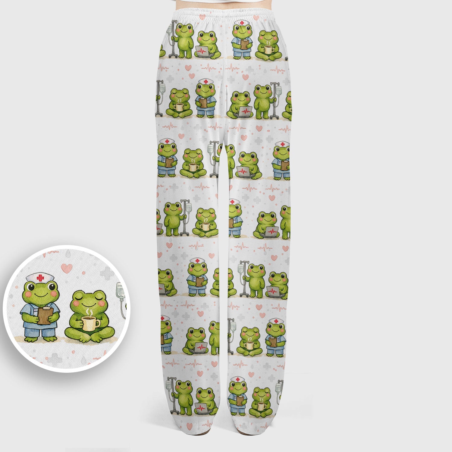 Adorable Frog Nurse Various Poses Print Scrub Set, Breathable Med Uniform
