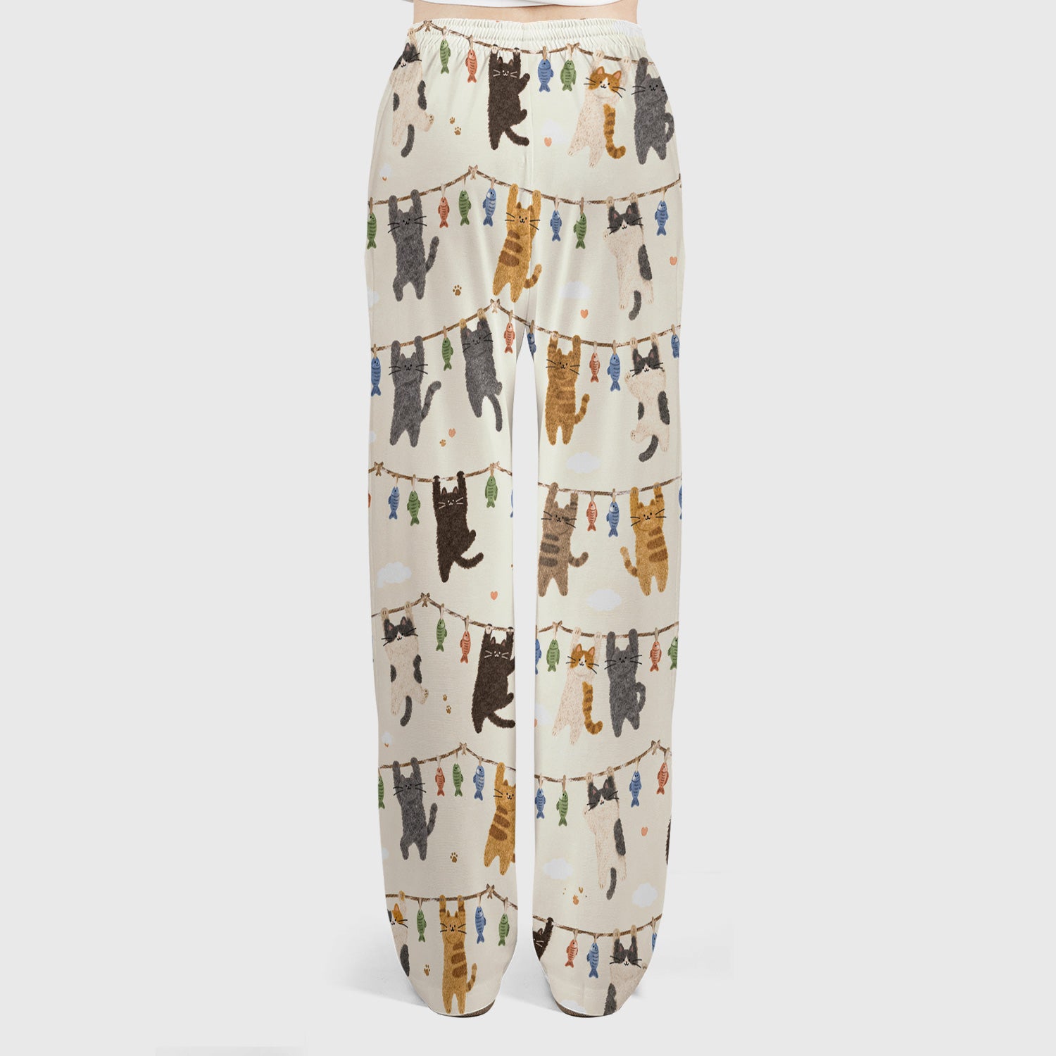 Cute Hanging Cat Fishline Pattern Scrub Set, Scrub Pants and V Neck Top