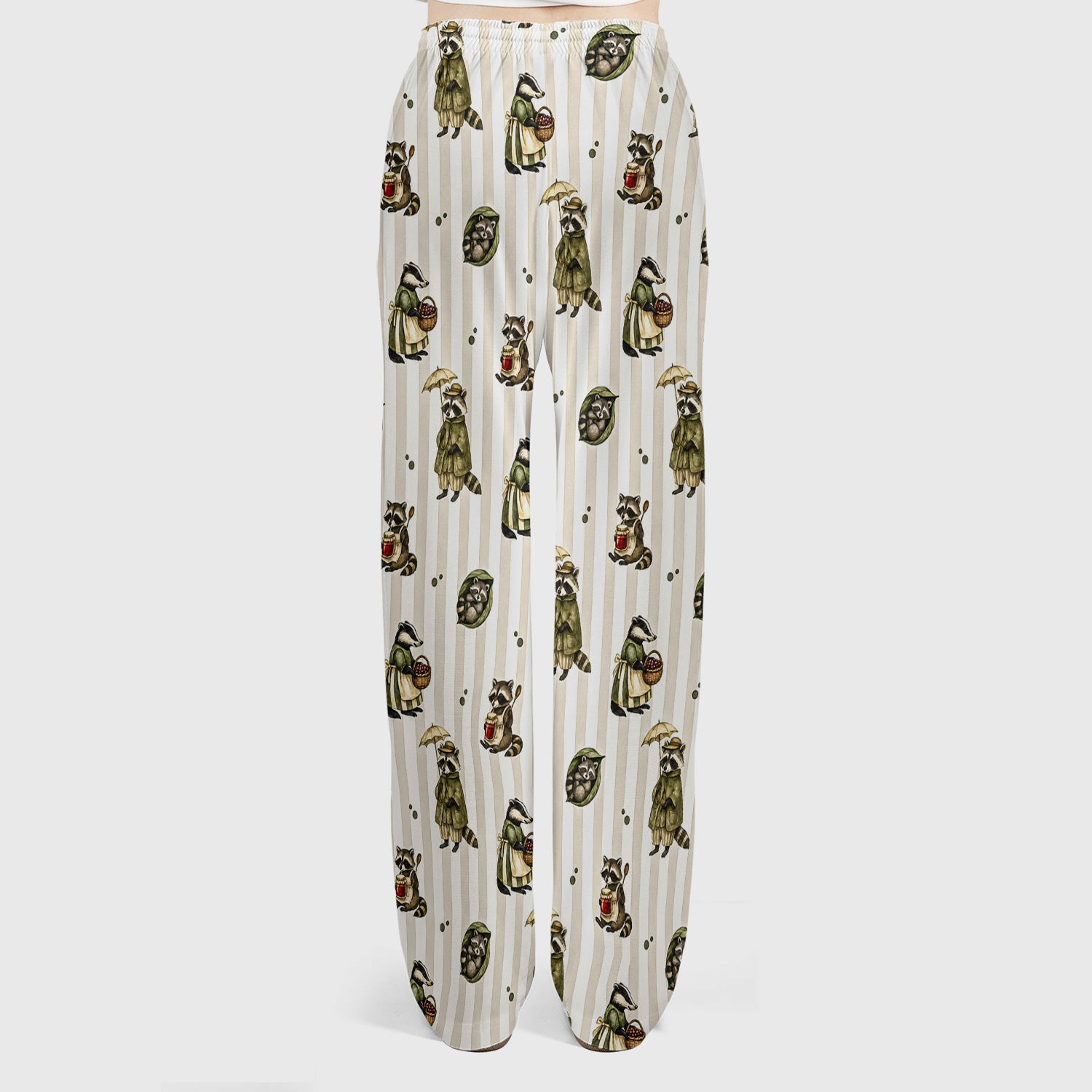 Cute Woodland Raccoon Print Scrub Set, Scrub Pants and V Neck Top