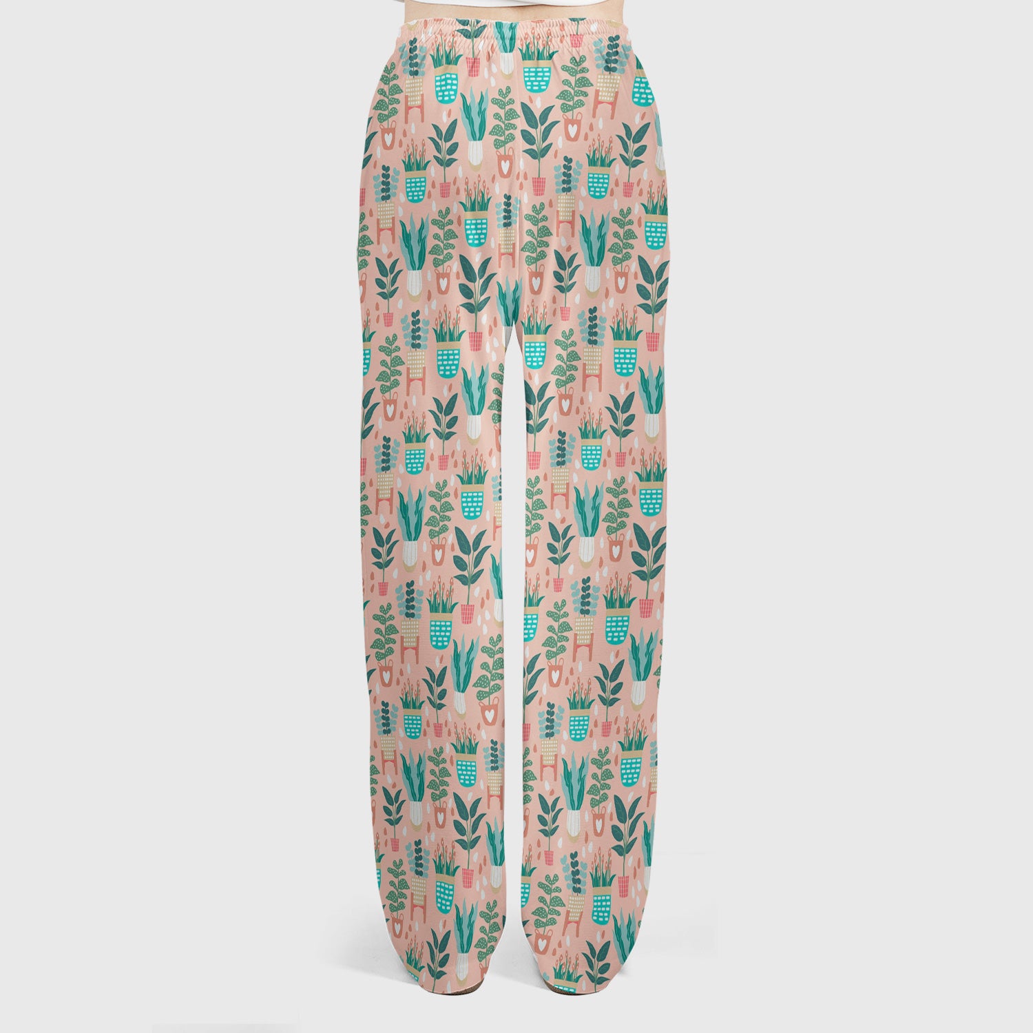 Potted Houseplant Leaves Pattern Scrub Set, Scrub Pants and V Neck Top