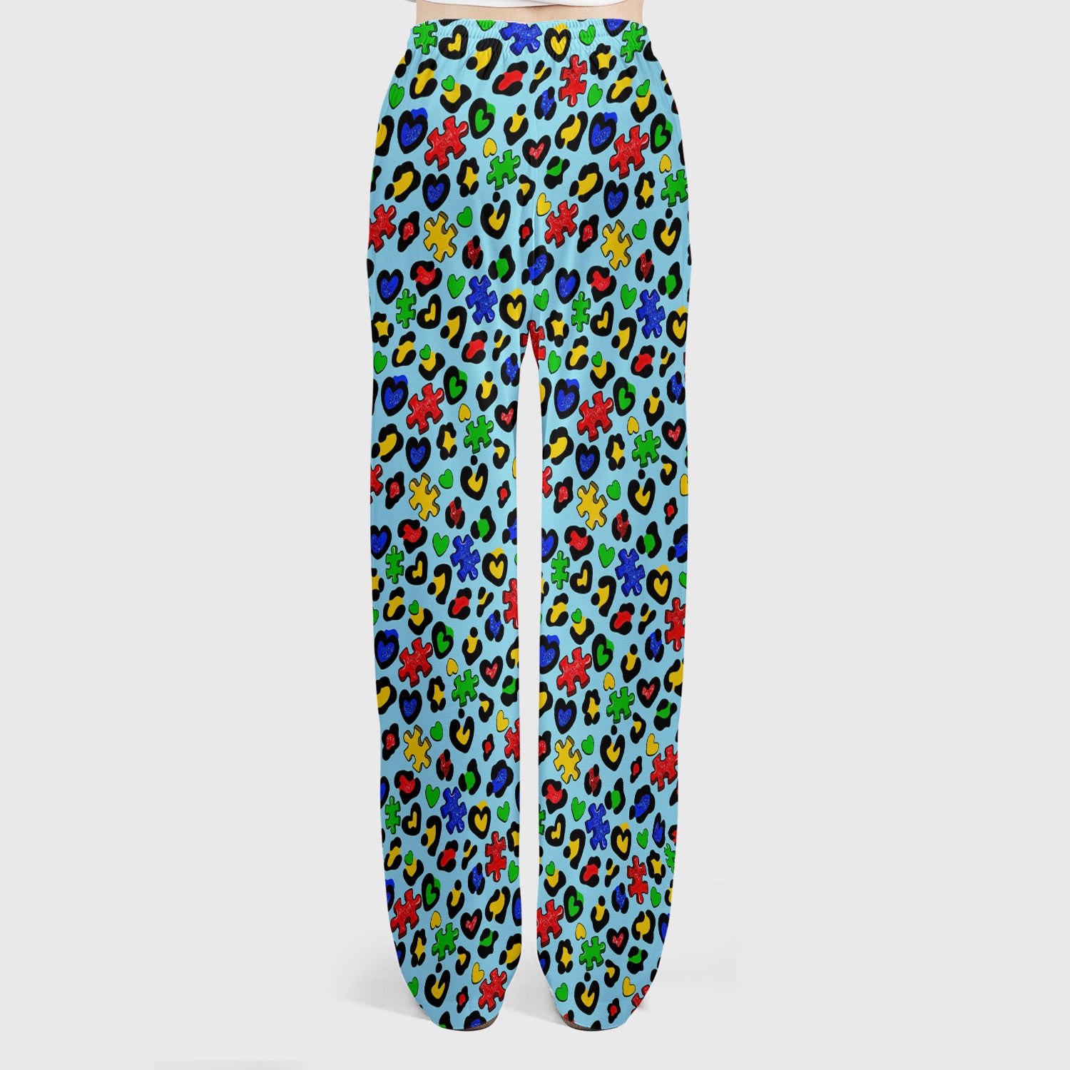 Puzzle Piece Heart Pattern Scrub Set, V Neck Top with Matching Scrub Pants