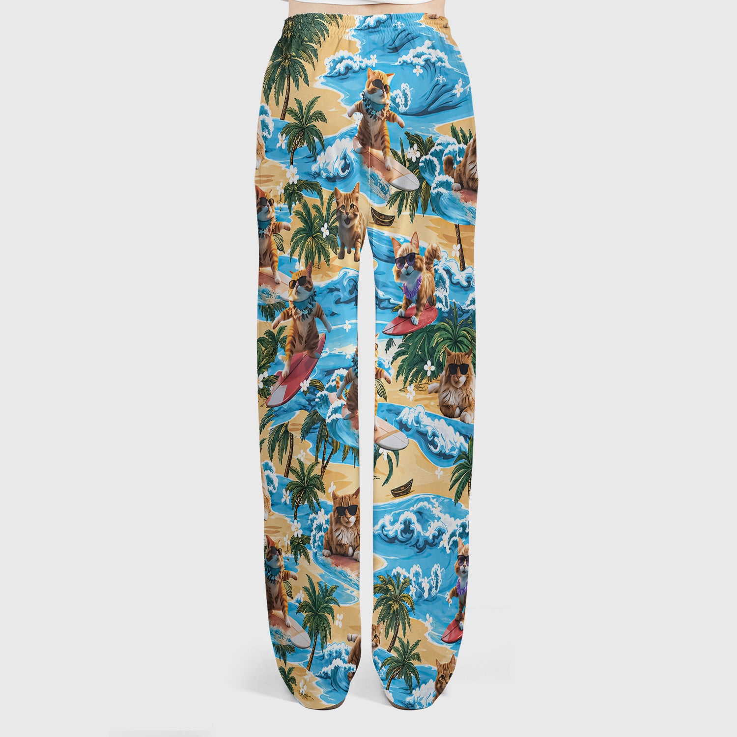 Tropical Surfing Cat with Beach Wave Island Print Scrub Set, Scrub Pants and V Neck Top