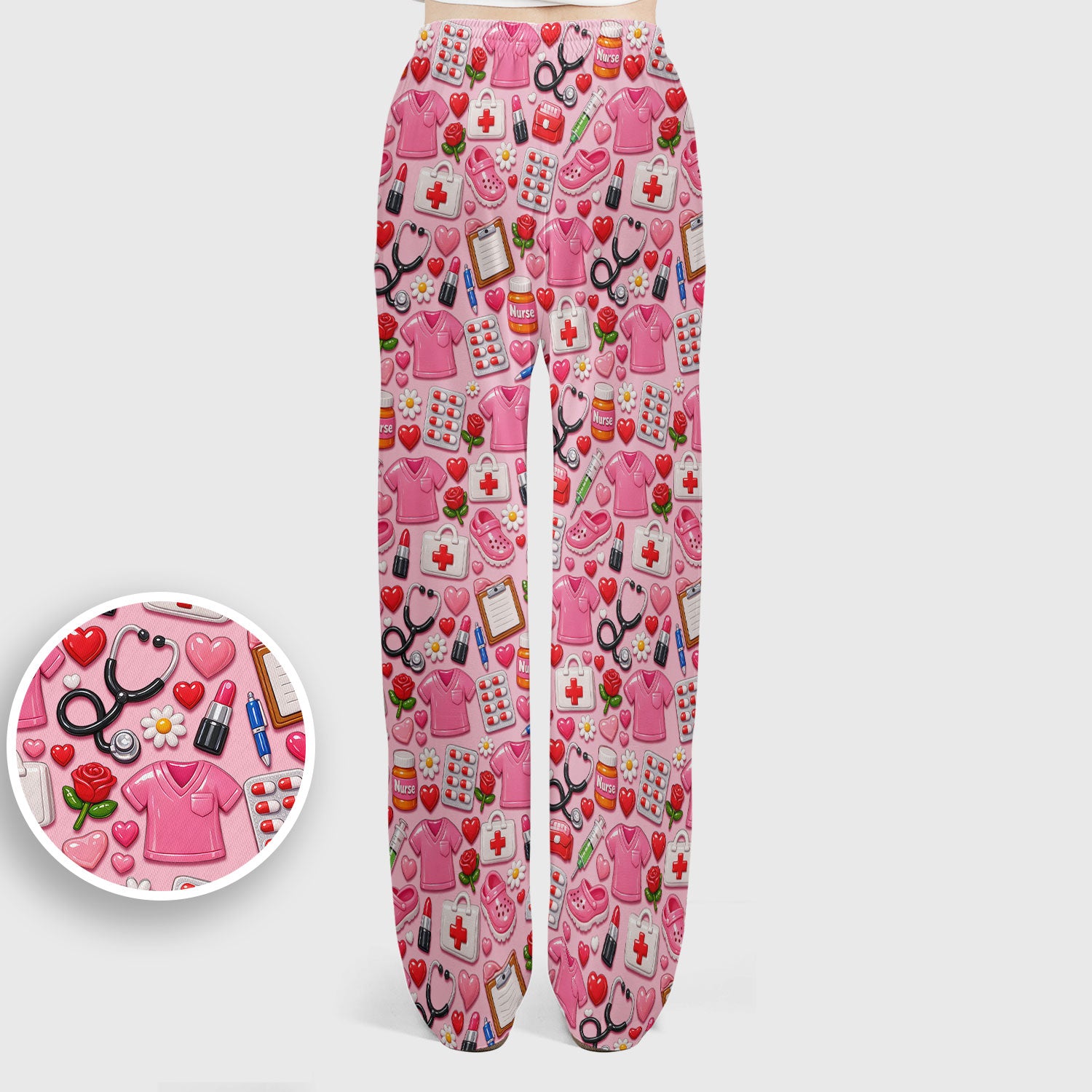 Medical Icons Scrub Set, Cute Pattern Nurse Shirt, Breathable Fabrics Nursing Uniform