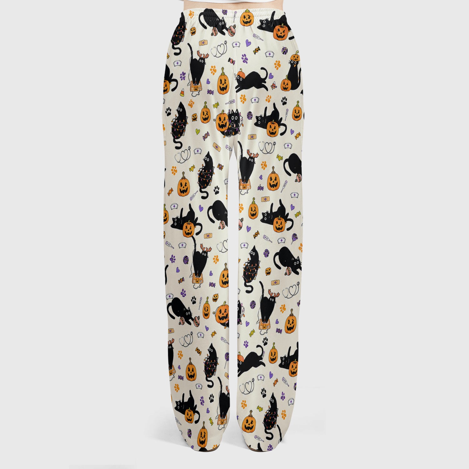 Pumpkin Black Cat Pattern Scrub Set, Scrub Pants and V Neck Top