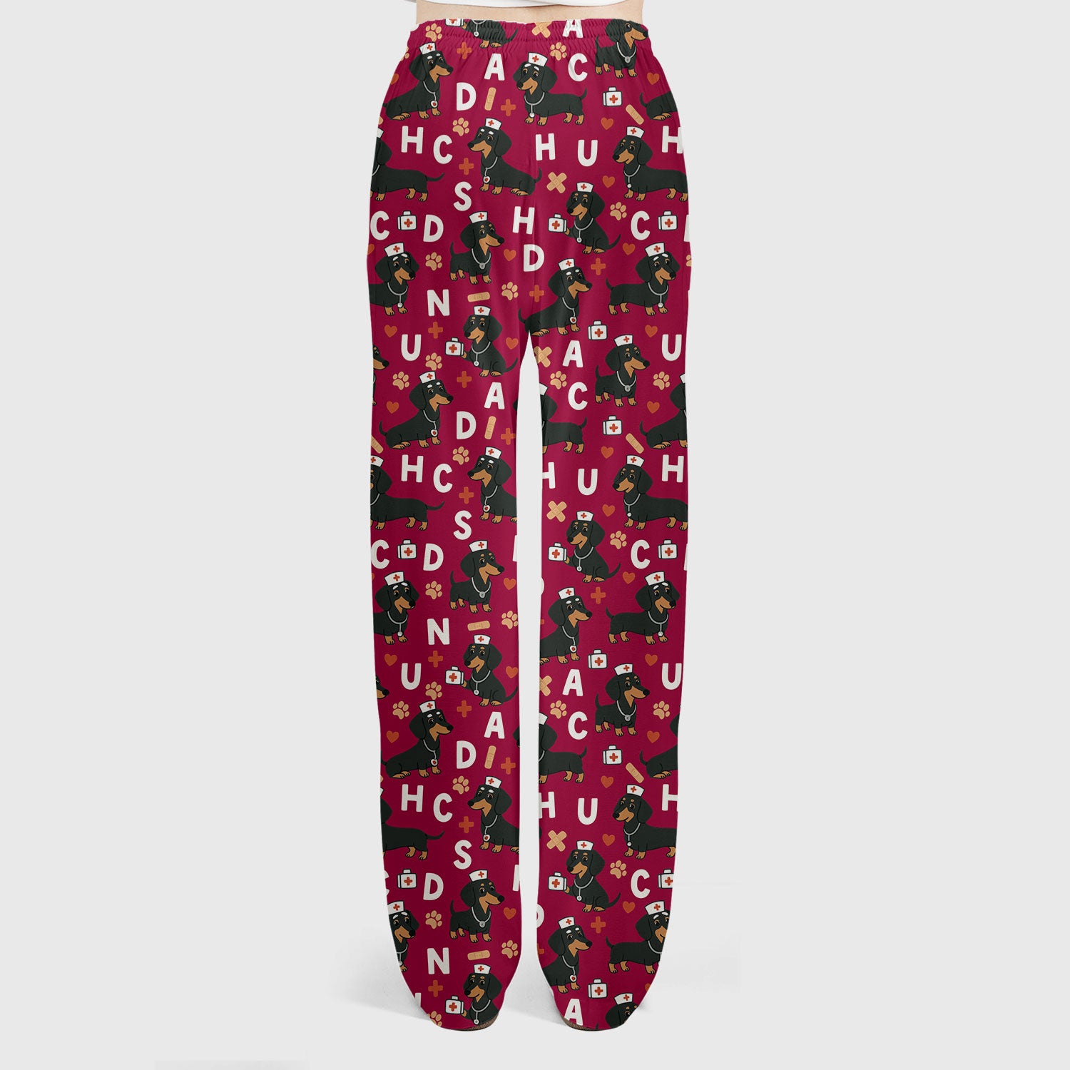 Dachshund Nurse Scrub Set for Women - Cute Sausage Dog Pattern Scrubs Top and Pants - Funny Animal Print Gift for RN LPN CNA