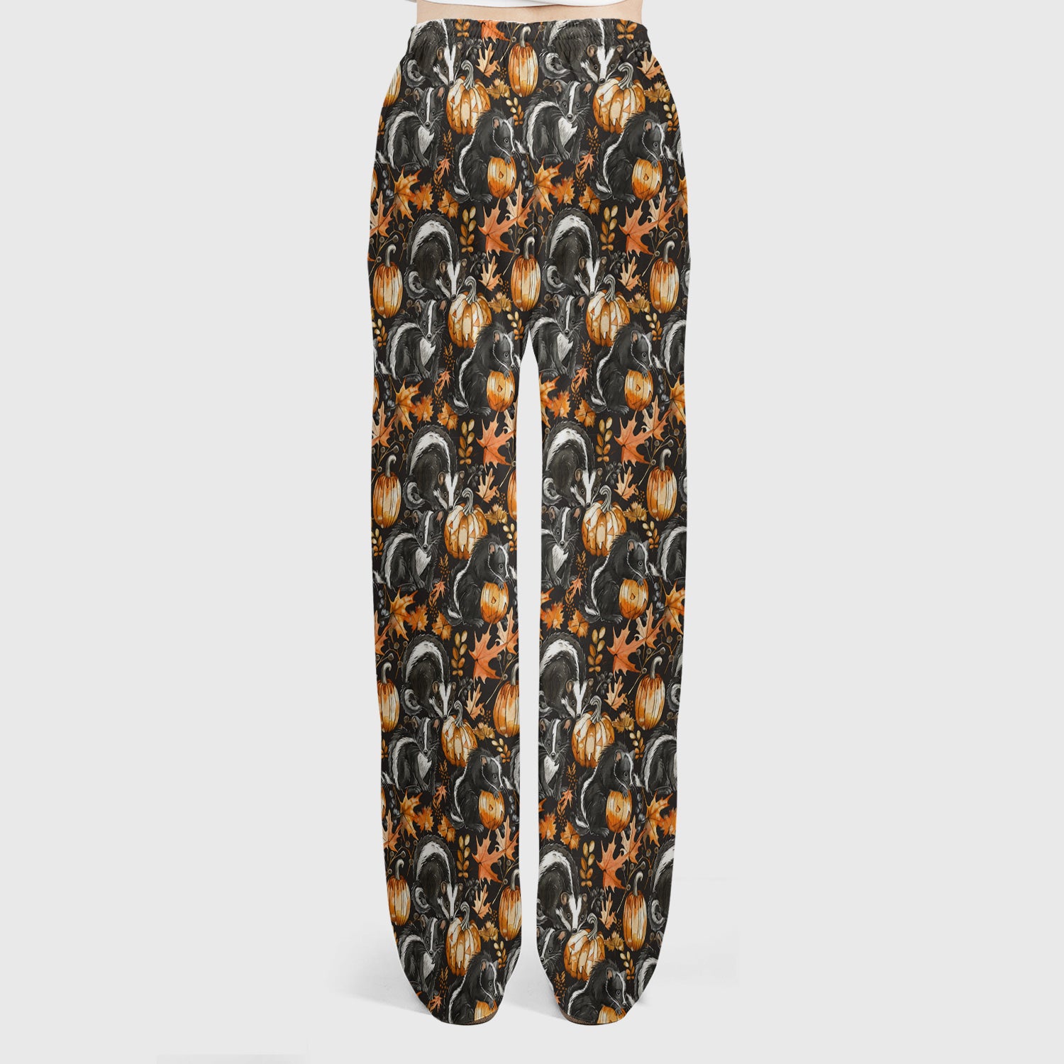 Skunk Pumpkin with Autumn Leaves Pattern Scrub Set, Scrub Pants and V Neck Top