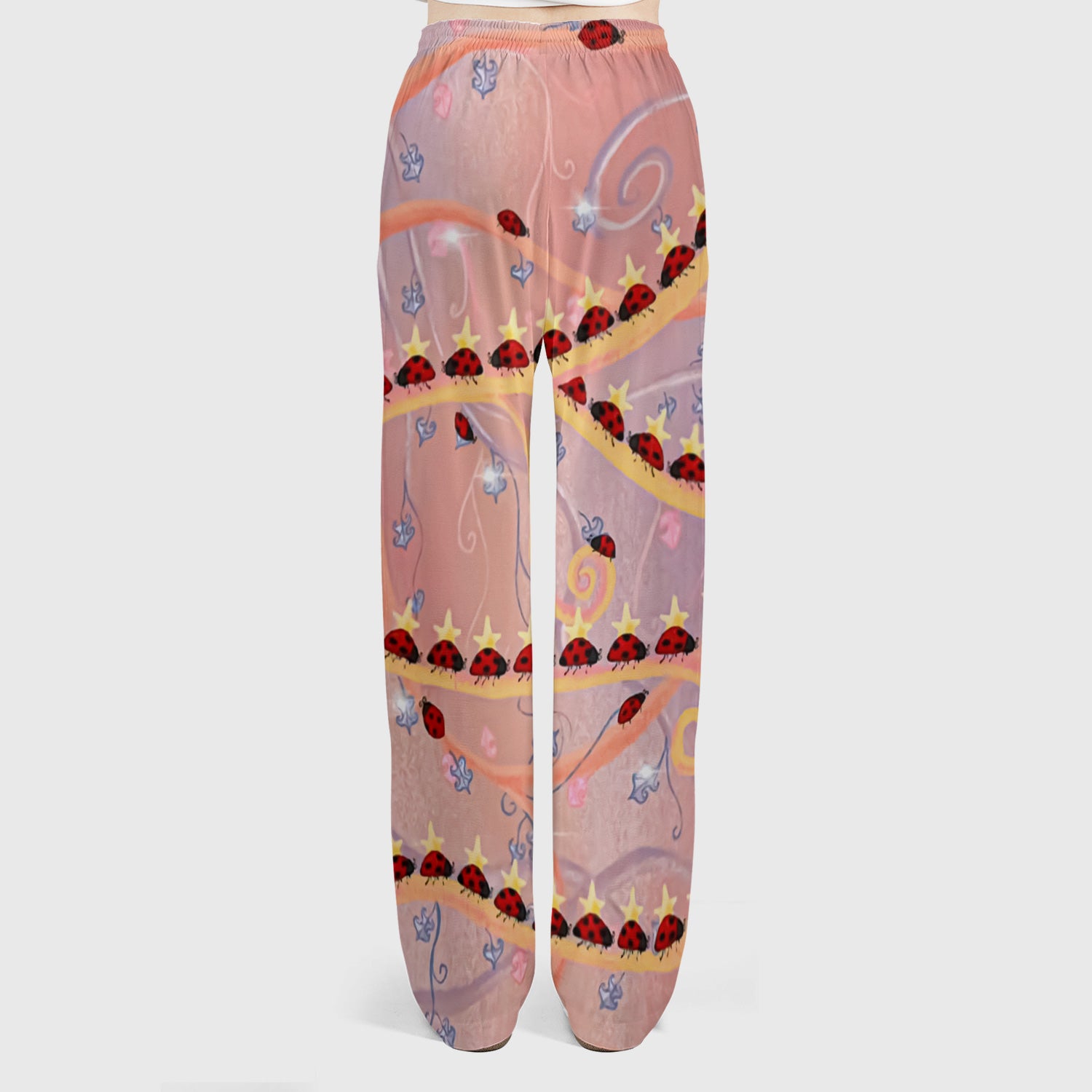 Cute Ladybug Star Vine Swirl Pattern Scrub Set, Scrub Pants and V Neck Top
